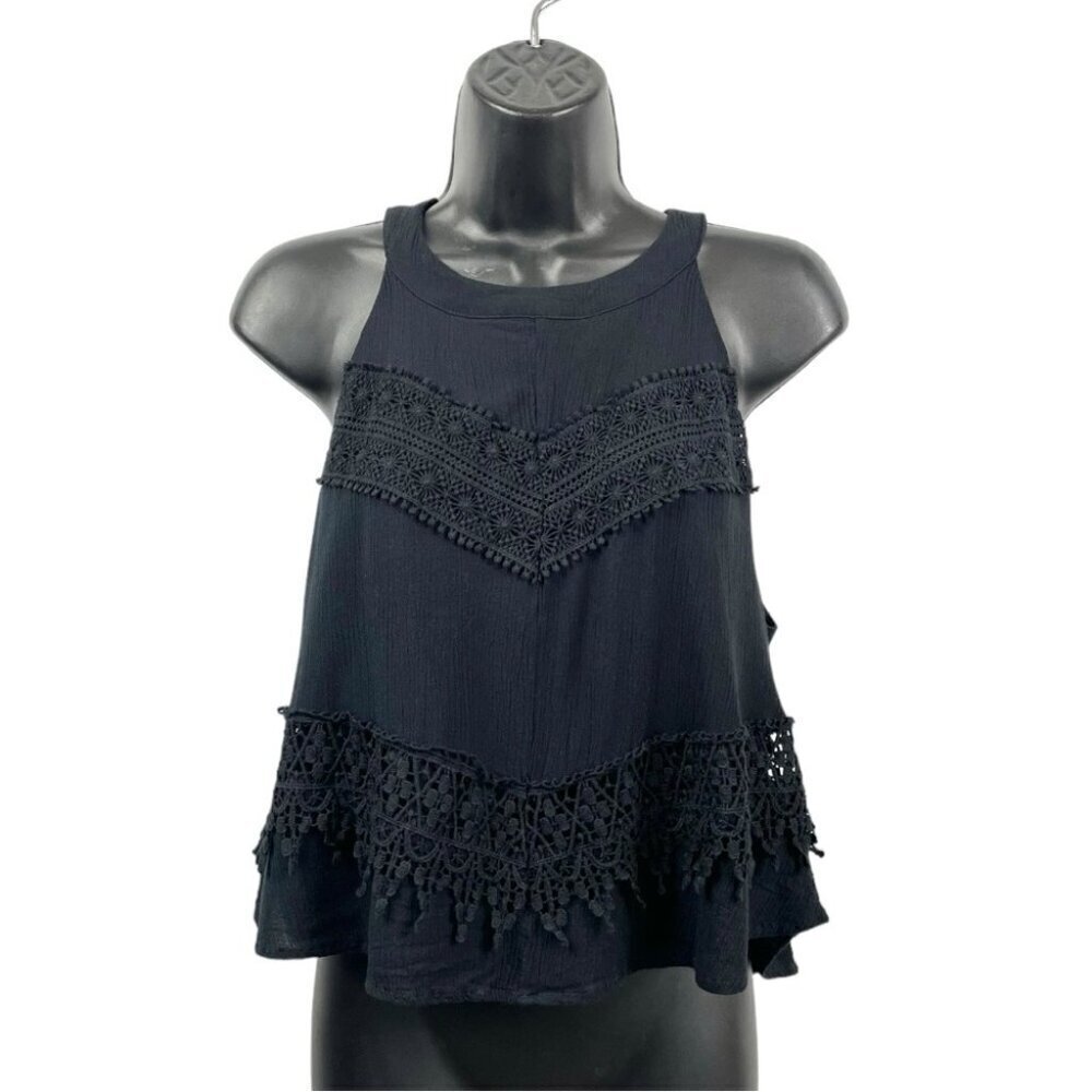 ** California Moonrise Black Crochet Trim Boho Sleeveless Halter Blouse Size M
